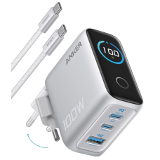 мережева зарядка ANKER GaN Charger 100W, 2xUSB-C PD & 1xUSB-A w Display and Cable (Silver)